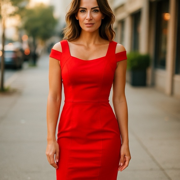 Milly Red Sheath Dress Lined Split Shoulder Detail Bodice  Enhancing Sz 2 Sateen - Picture 1 of 8